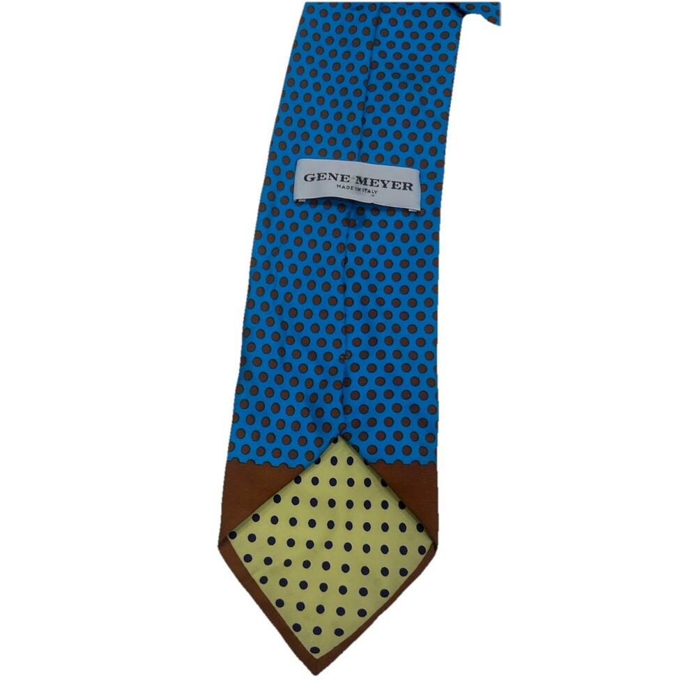 Gene Meyer Op Art Men’s Tie‎ Blue Brown 100% Italian Silk Polk Dot Novelty 3.75”